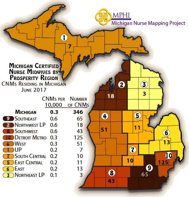 Michigan map of certified nurse midwives by prosperity region in 2017